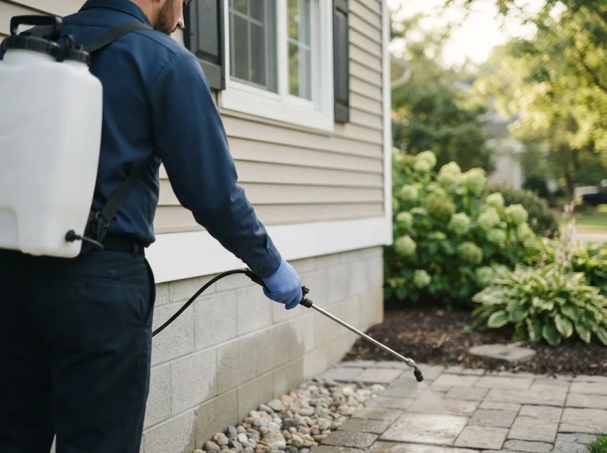 Pest control technician inspecting a home in Hopedale, IL